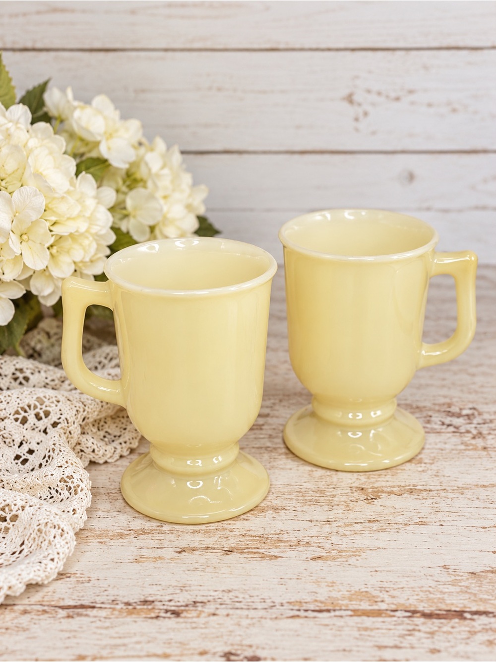 Vintage Custard Yellow Milk Glass Pedestal Irish Coffee Mugs Footed Cups MCM